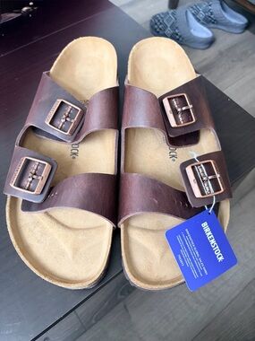 Birkenstock Men's Arizona Sandals - Dark Brown Leather with Copper Buckles